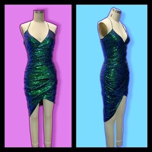 NWT Asymmetrical green blue sequin spaghetti strap mini dress S hi low
